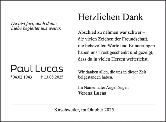 Traueranzeige von Paul Lucas von WochenSpiegel