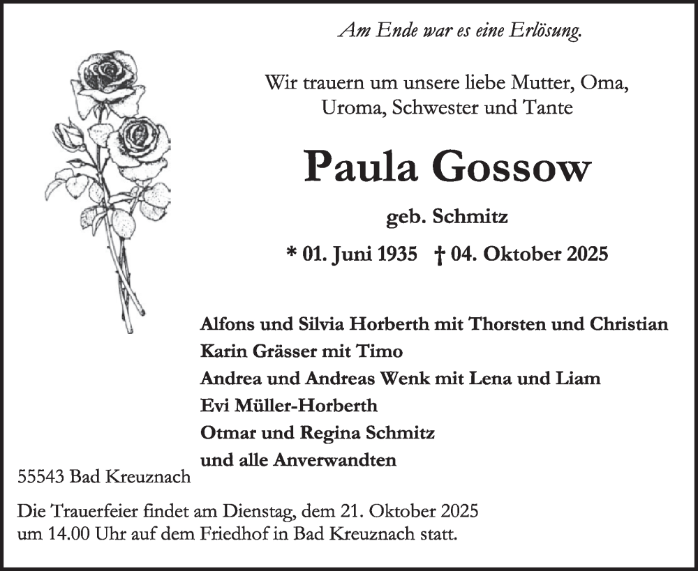  Traueranzeige für Paula Gossow vom 11.10.2025 aus WochenSpiegel