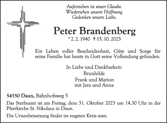 Traueranzeige von Peter Brandenberg von WochenSpiegel