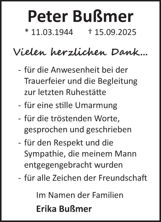 Traueranzeige von Peter Bußmer von WochenSpiegel