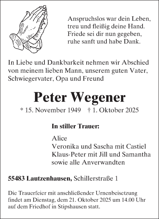 Traueranzeige von Peter Wegener von WochenSpiegel