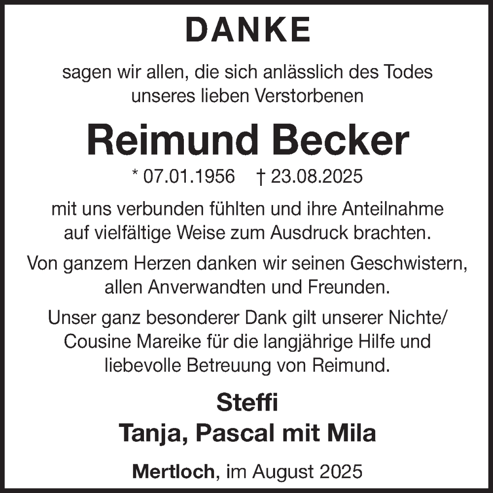  Traueranzeige für Reimund Becker vom 22.10.2025 aus WochenSpiegel