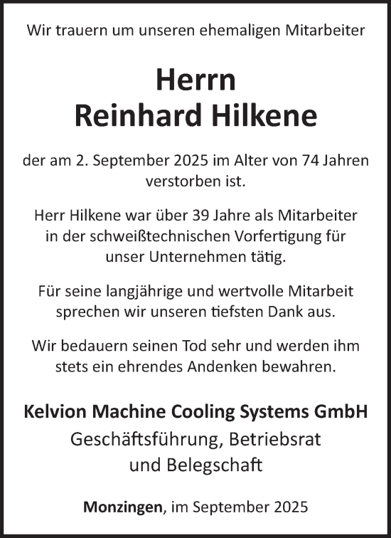 Traueranzeige von Reinhard Hilkene von WochenSpiegel