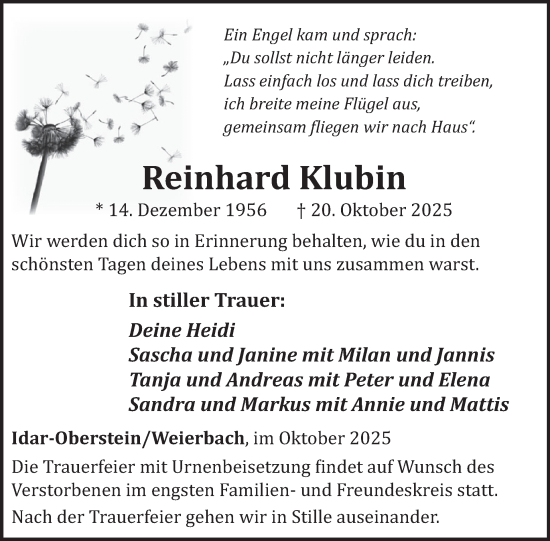 Traueranzeige von Reinhard Klubin von WochenSpiegel