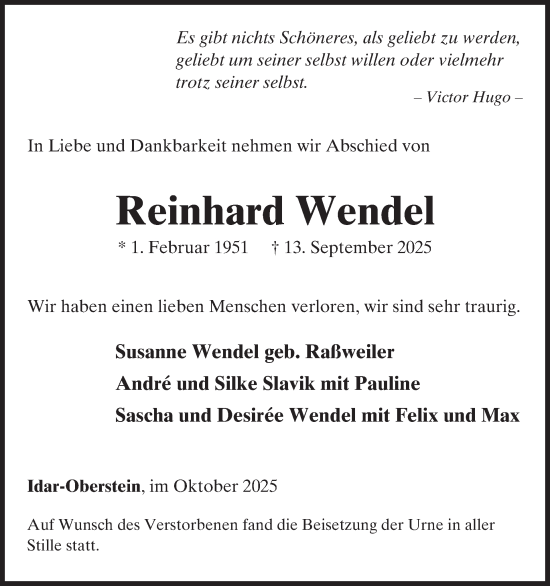 Traueranzeige von Reinhard Wendel von WochenSpiegel