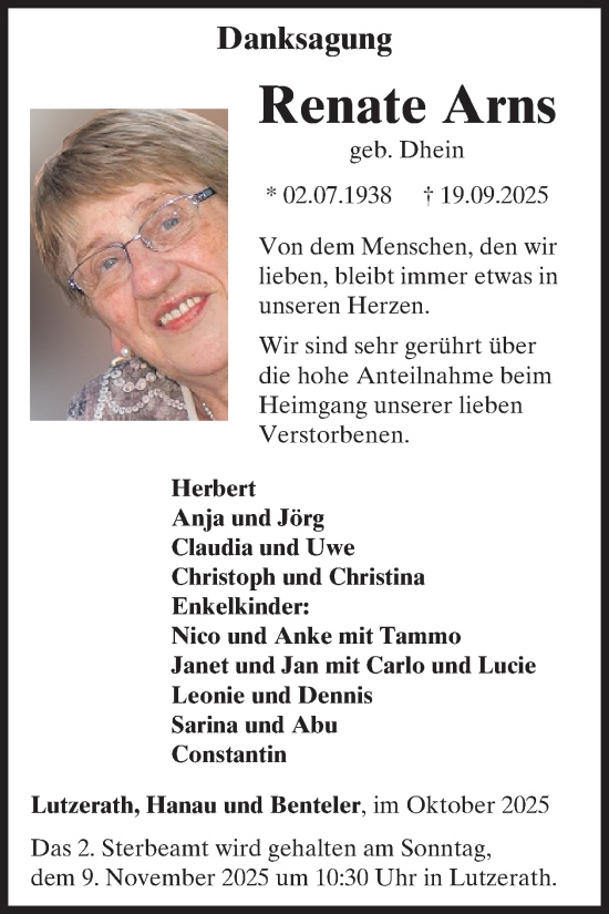 Traueranzeige von Renate Arns von WochenSpiegel