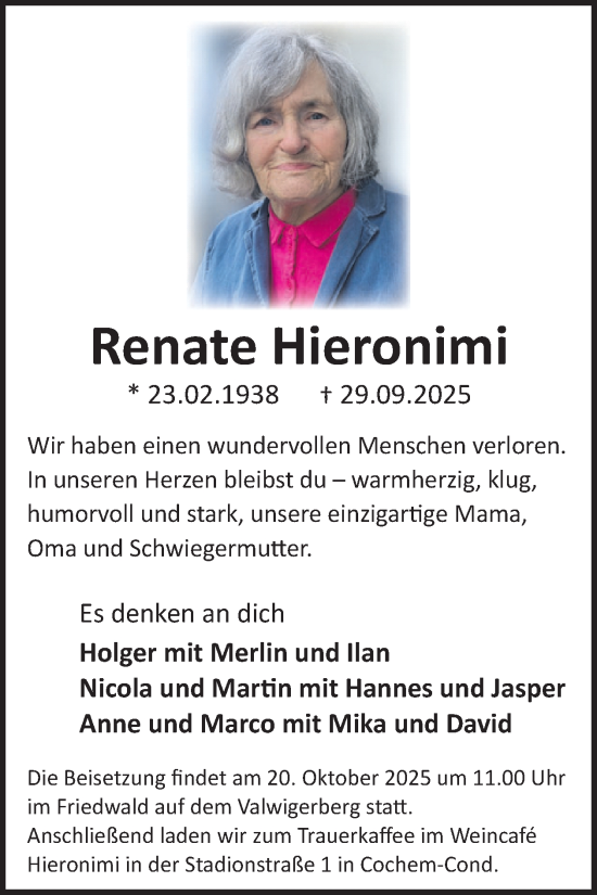 Traueranzeige von Renate Hieronimi von WochenSpiegel