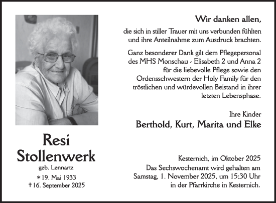 Traueranzeige von Resi Stollenwerk von WochenSpiegel