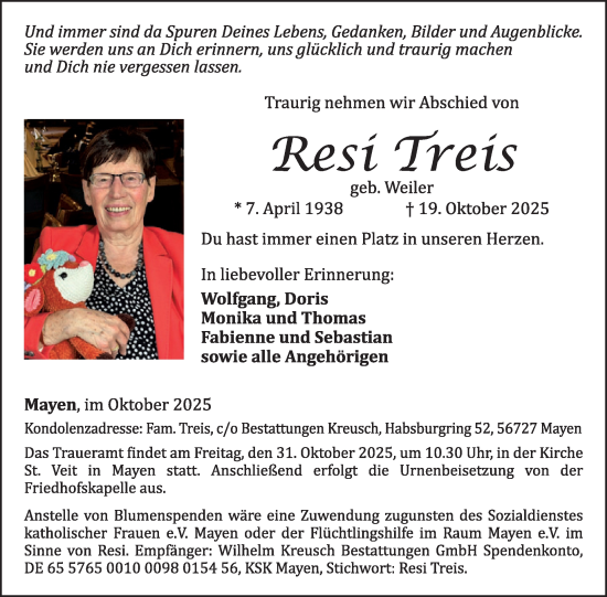 Traueranzeige von Resi Treis von WochenSpiegel