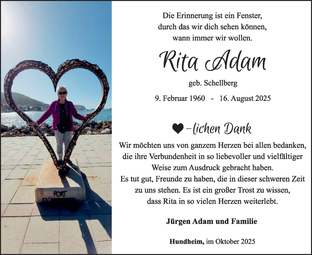 Traueranzeige für Rita Adam vom 11.10.2025 aus WochenSpiegel