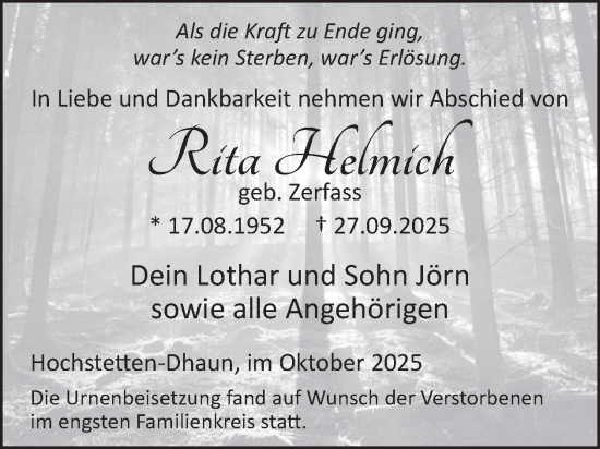 Traueranzeige von Rita Helmich von WochenSpiegel