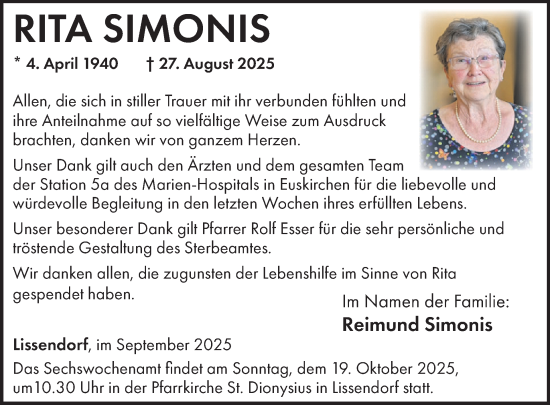 Traueranzeige von Rita Simonis von WochenSpiegel