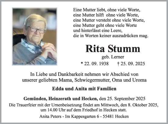 Traueranzeige von Rita Stumm von WochenSpiegel