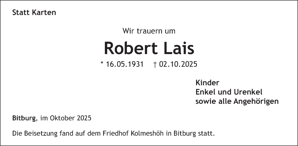  Traueranzeige für Robert Lais vom 17.10.2025 aus WochenSpiegel