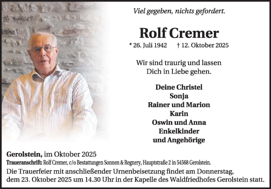 Traueranzeige von Rolf Cremer von WochenSpiegel
