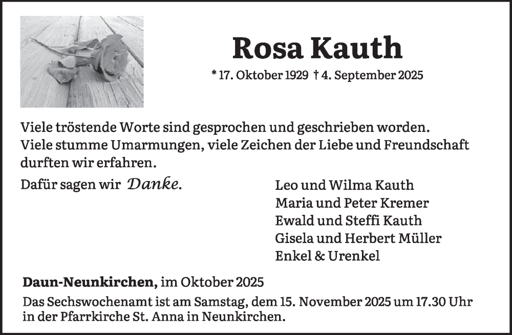  Traueranzeige für Rosa Kauth vom 18.10.2025 aus WochenSpiegel