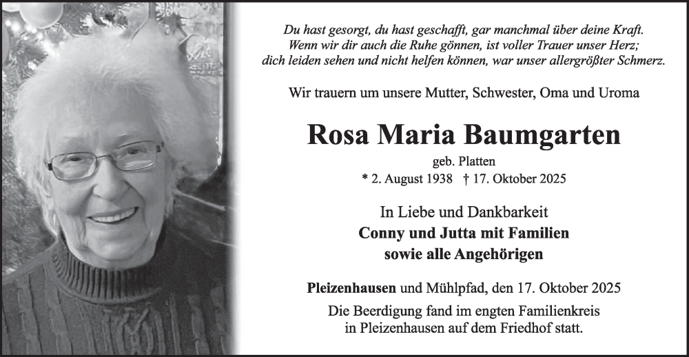  Traueranzeige für Rosa Maria Baumgarten vom 25.10.2025 aus WochenSpiegel