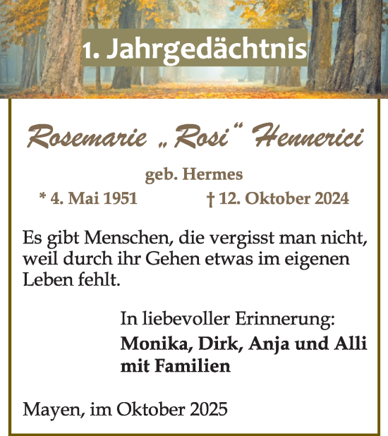 Traueranzeige von Rosemarie Hennerici von WochenSpiegel