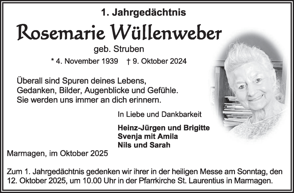  Traueranzeige für Rosemarie Wüllenweber vom 08.10.2025 aus WochenSpiegel