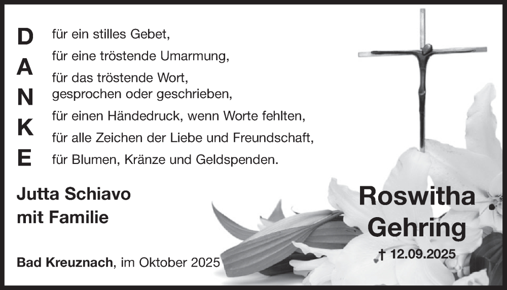  Traueranzeige für Roswitha Gehring vom 11.10.2025 aus WochenSpiegel