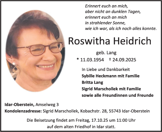 Traueranzeige von Roswitha Heidrich von WochenSpiegel