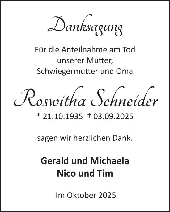 Traueranzeige von Roswitha Schneider von WochenSpiegel