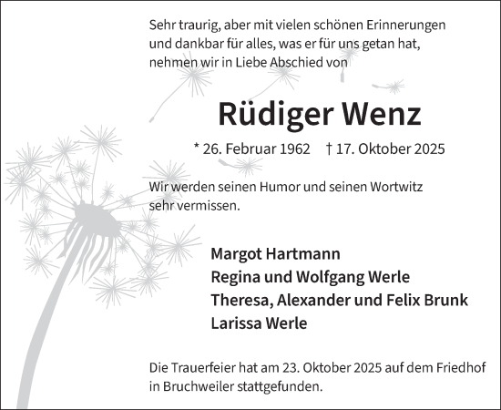 Traueranzeige von Rüdiger Wenz von WochenSpiegel