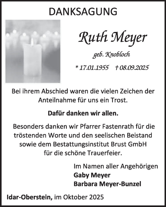 Traueranzeige von Ruth Meyer von WochenSpiegel