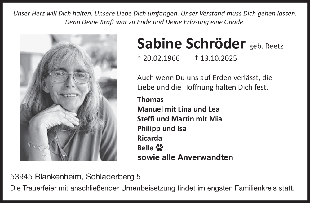  Traueranzeige für Sabine Schröder vom 15.10.2025 aus WochenSpiegel