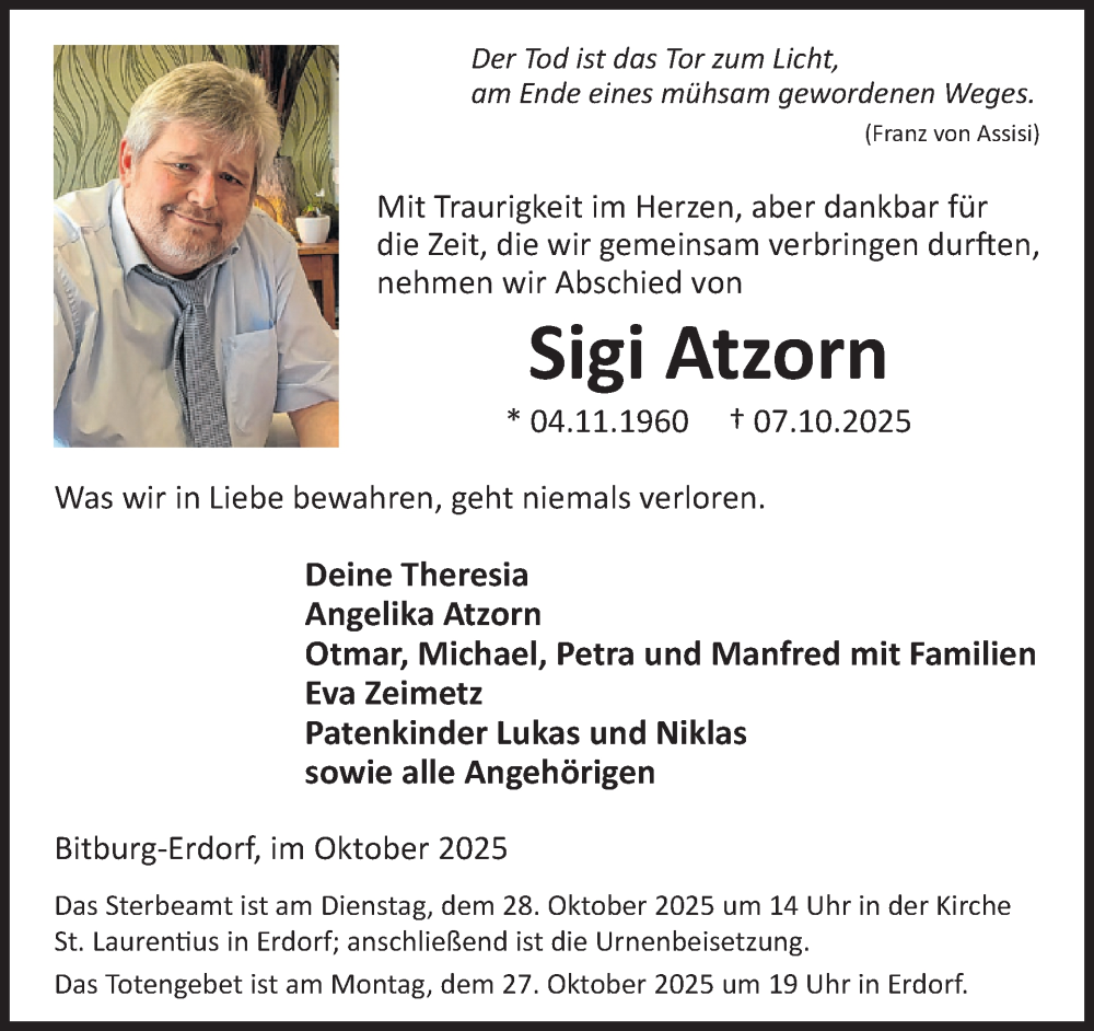  Traueranzeige für Sigi Atzorn vom 24.10.2025 aus WochenSpiegel