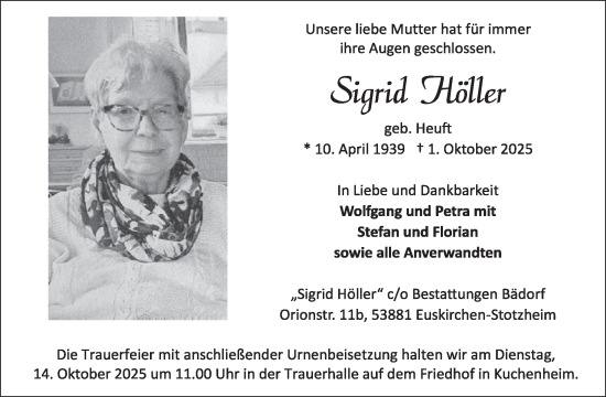 Traueranzeige von Sigrid Höller von WochenSpiegel