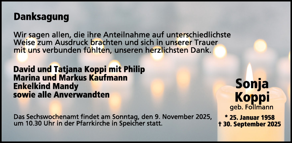  Traueranzeige für Sonja Koppi vom 31.10.2025 aus WochenSpiegel