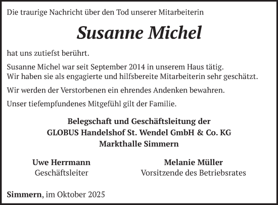 Traueranzeige von Susanne Michel von WochenSpiegel