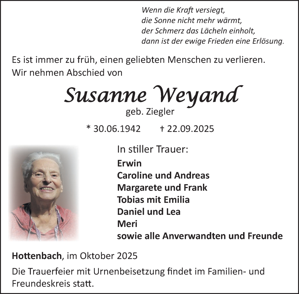  Traueranzeige für Susanne Weyand vom 04.10.2025 aus WochenSpiegel