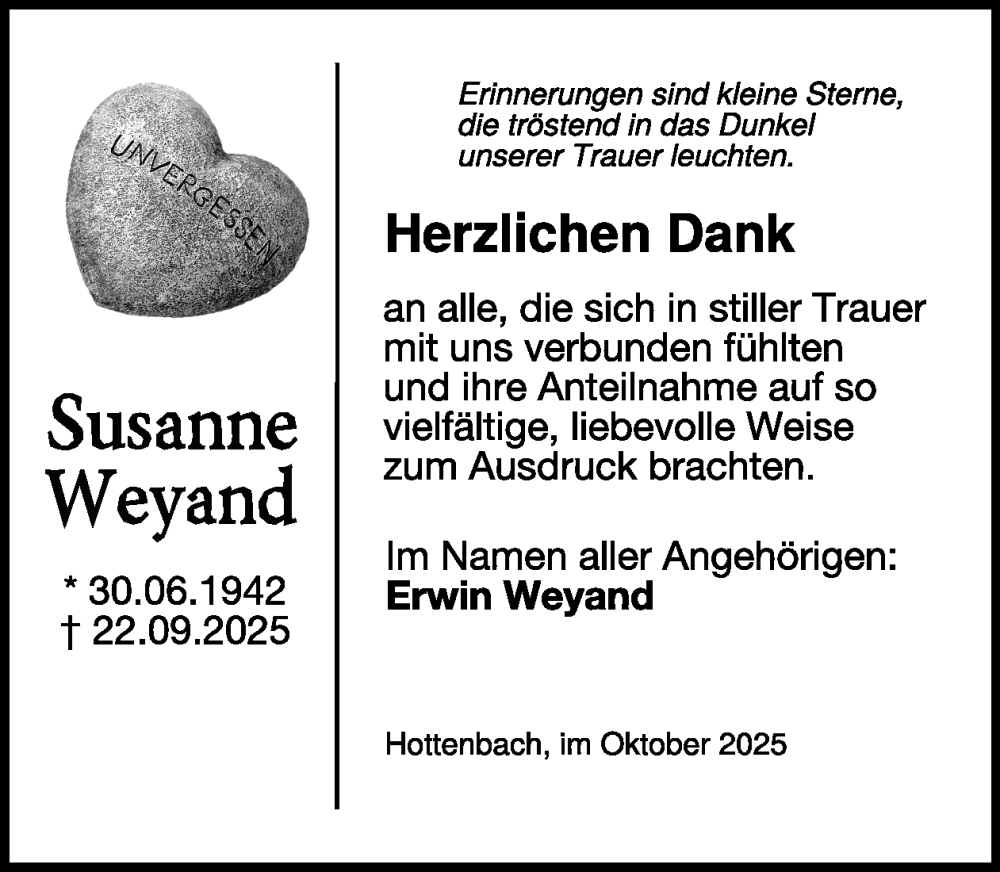  Traueranzeige für Susanne Weyand vom 25.10.2025 aus WochenSpiegel