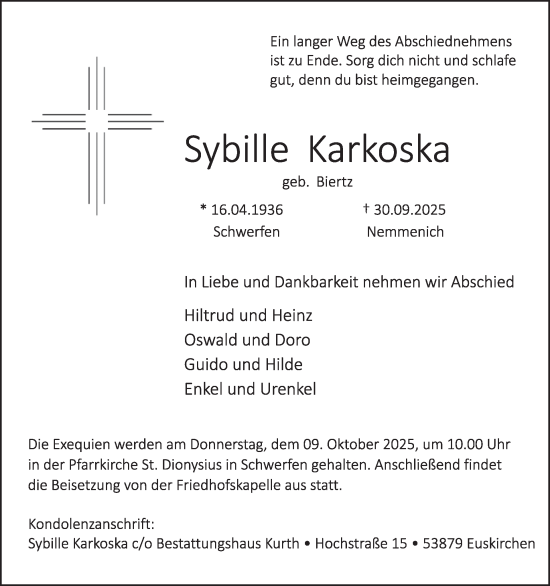 Traueranzeige von Sybille Karkoska von WochenSpiegel