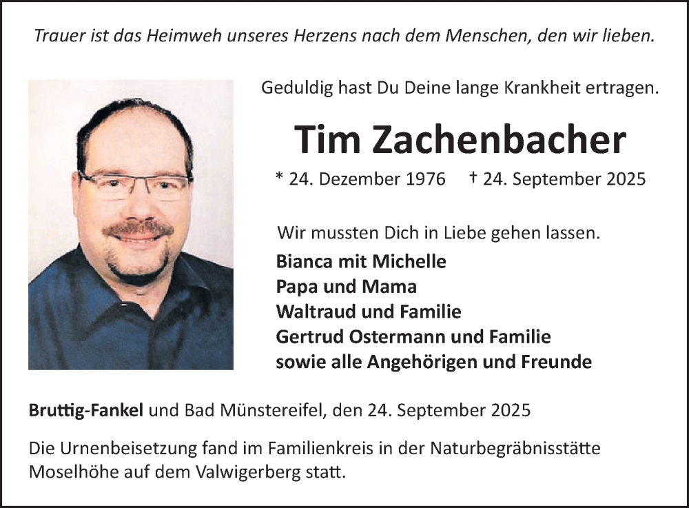  Traueranzeige für Tim Zachenbacher vom 15.10.2025 aus WochenSpiegel