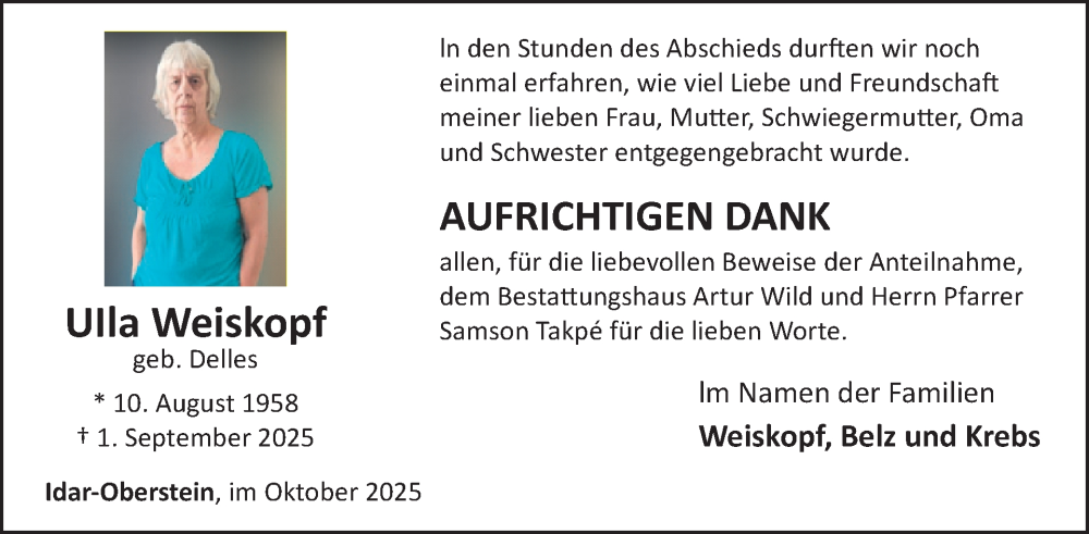  Traueranzeige für Ulla Weiskopf vom 04.10.2025 aus WochenSpiegel