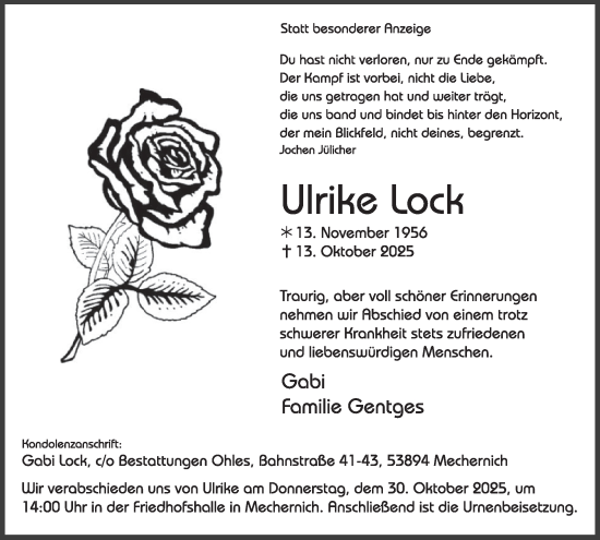 Traueranzeige von Ulrike Lock von WochenSpiegel
