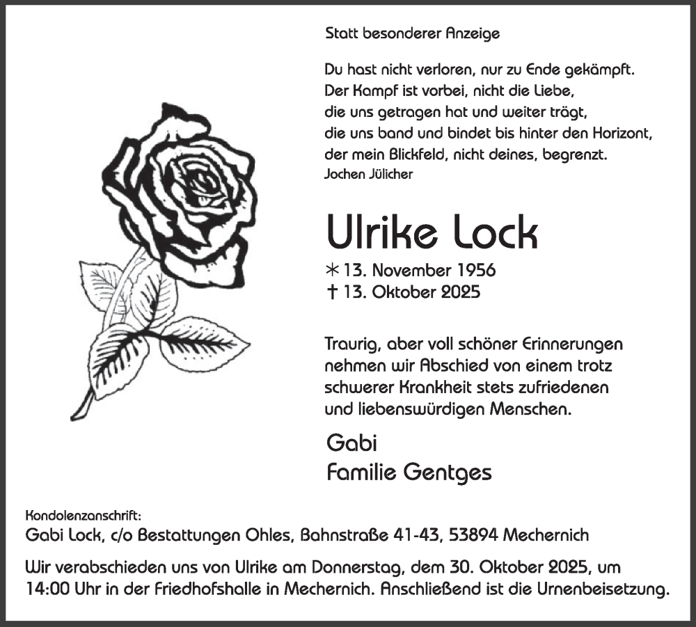  Traueranzeige für Ulrike Lock vom 22.10.2025 aus WochenSpiegel