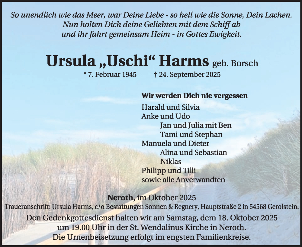  Traueranzeige für Ursula Harms vom 04.10.2025 aus WochenSpiegel