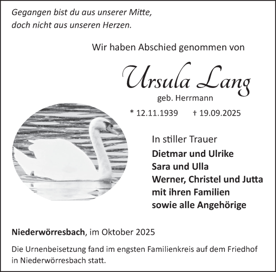 Traueranzeige von Ursula Lang von WochenSpiegel