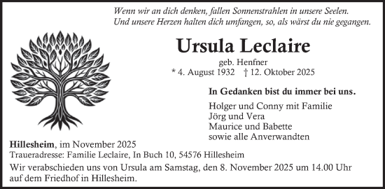 Traueranzeige von Ursula Leclaire von WochenSpiegel