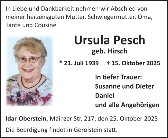 Traueranzeige von Ursula Pesch von WochenSpiegel