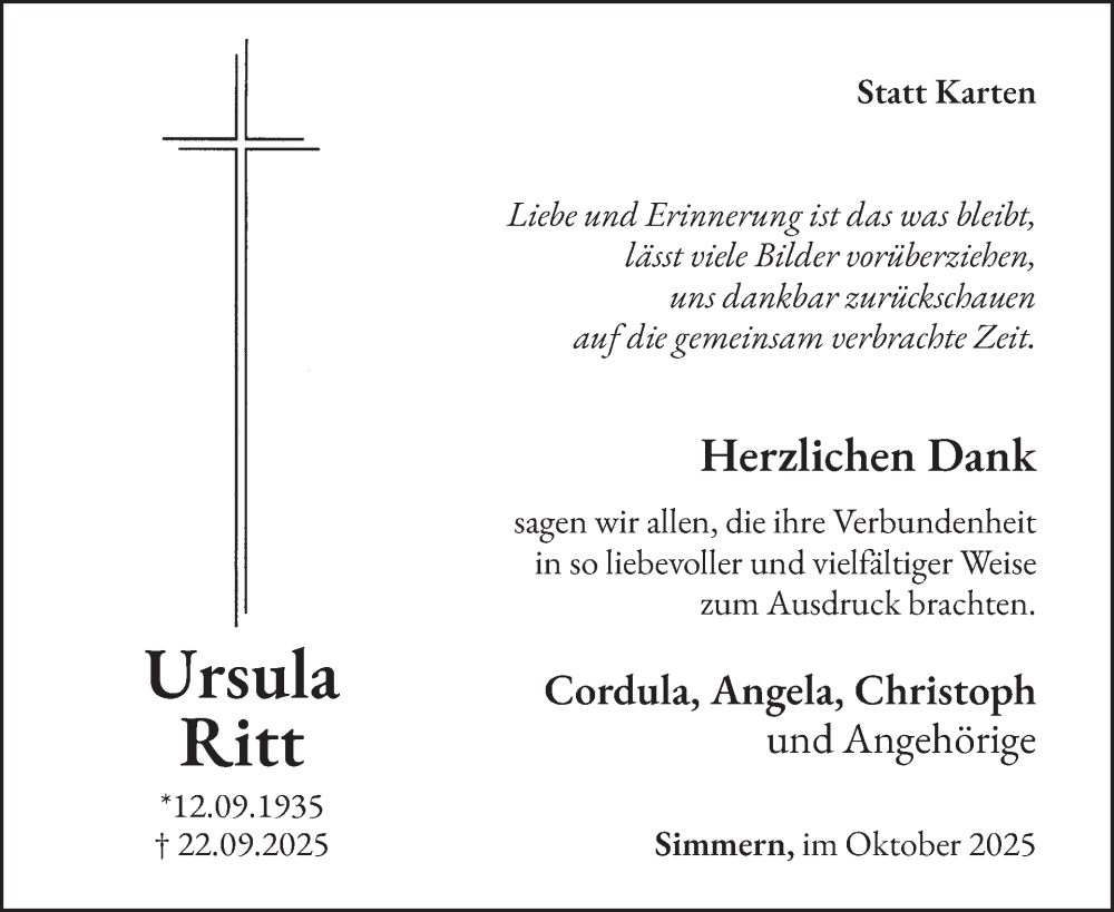  Traueranzeige für Ursula Ritt vom 25.10.2025 aus WochenSpiegel