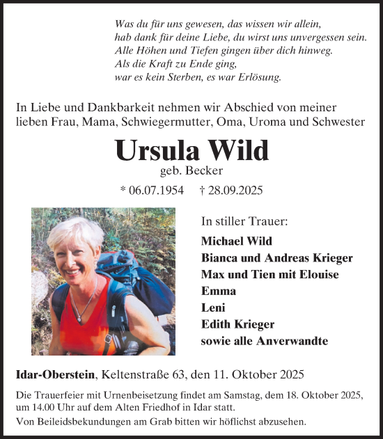 Traueranzeige von Ursula Wild von WochenSpiegel
