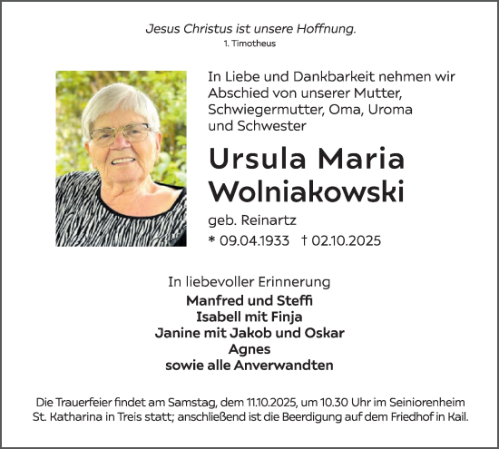 Traueranzeige von Ursula Maria Wolniakowski von WochenSpiegel