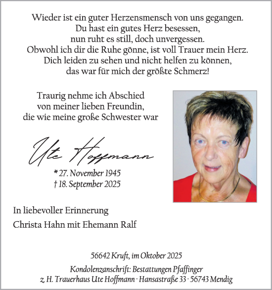 Traueranzeige von Ute Hoffmann von WochenSpiegel