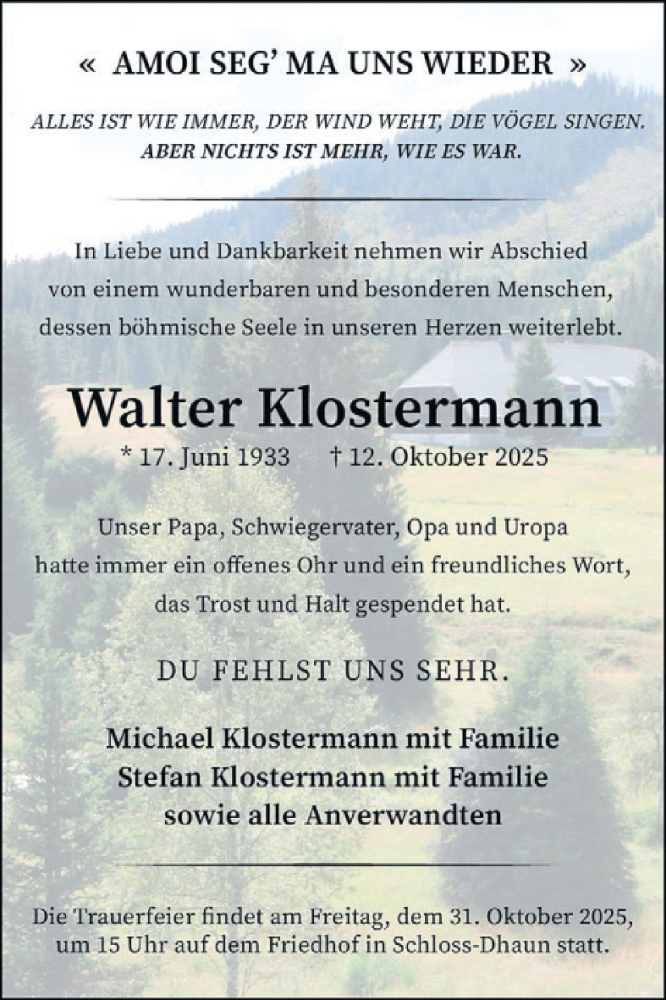  Traueranzeige für Walter Klostermann vom 25.10.2025 aus WochenSpiegel