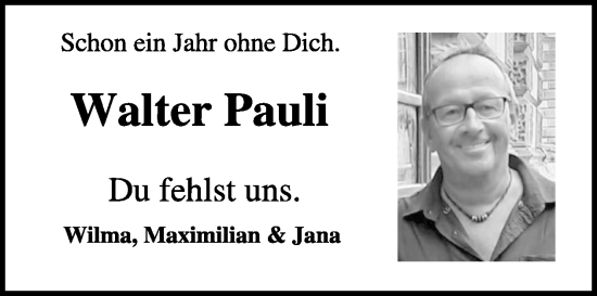 Traueranzeige von Walter Pauli von WochenSpiegel